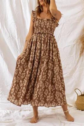 Brown Floral Dress with Smocked Waist and Ruffle Detail