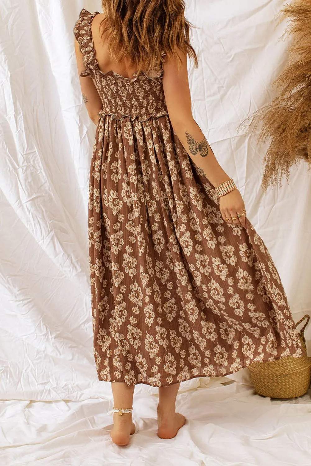 Brown Floral Dress with Smocked Waist and Ruffle Detail