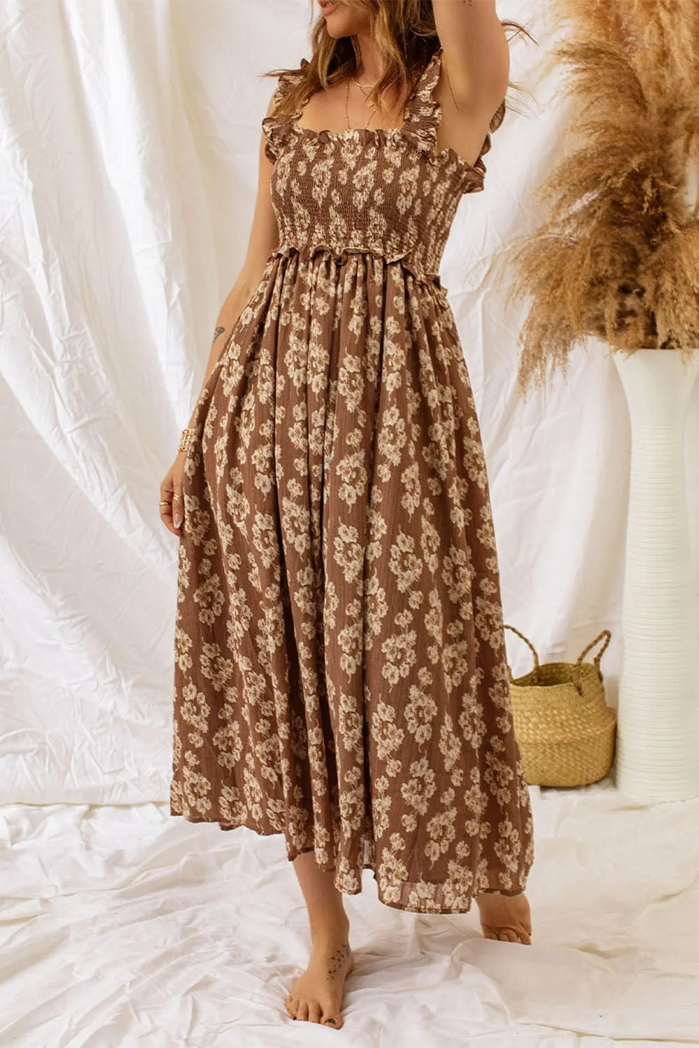 Brown Floral Dress with Smocked Waist and Ruffle Detail