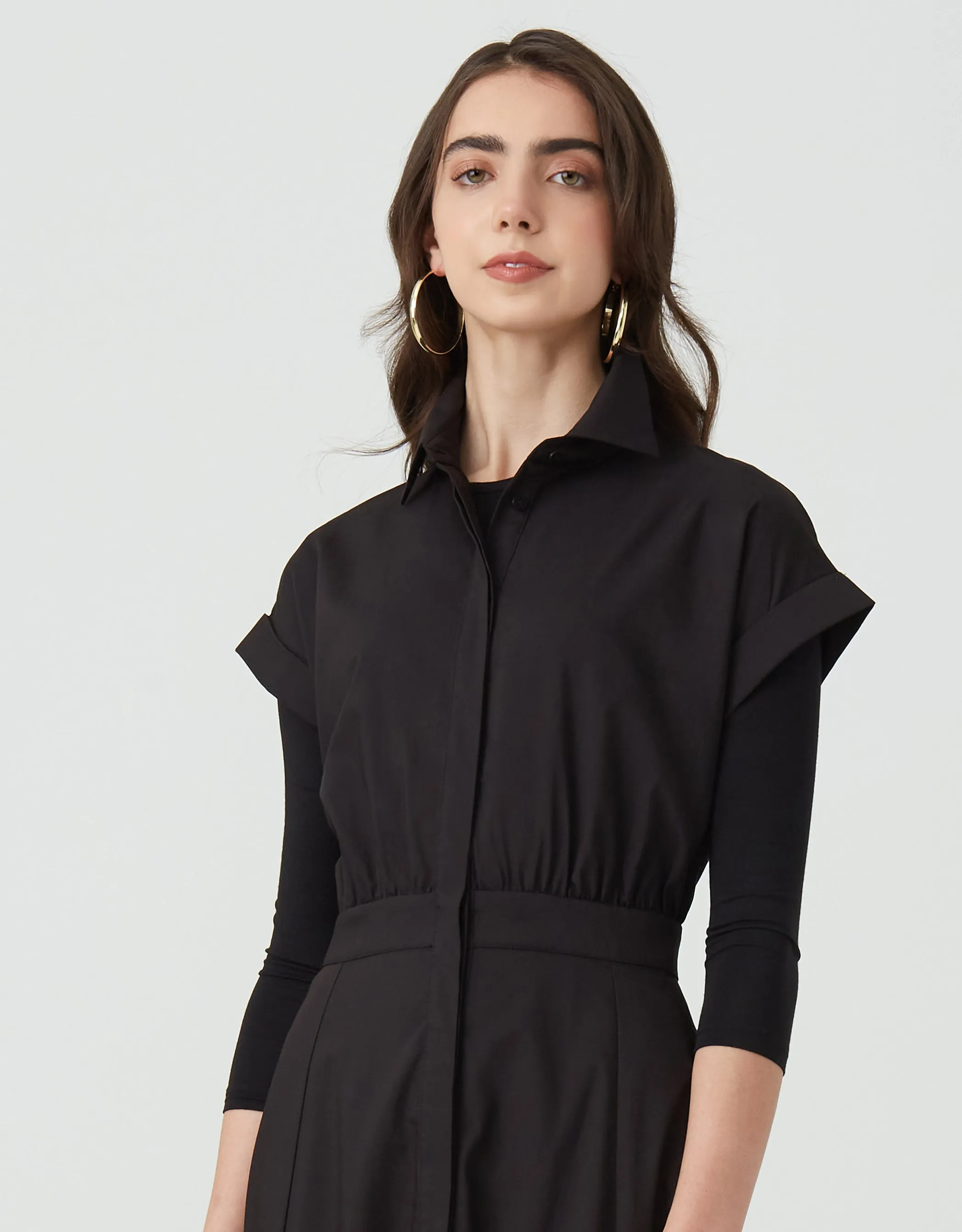 Button Down Poplin Cuffed Sleeveless Shirtdress Black