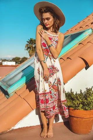 Cami Top "Hotel Paradiso" Boho Maxi Dress Pink Print Long Flowing Beach Paradise Gown Sizes Small Medium Or Large