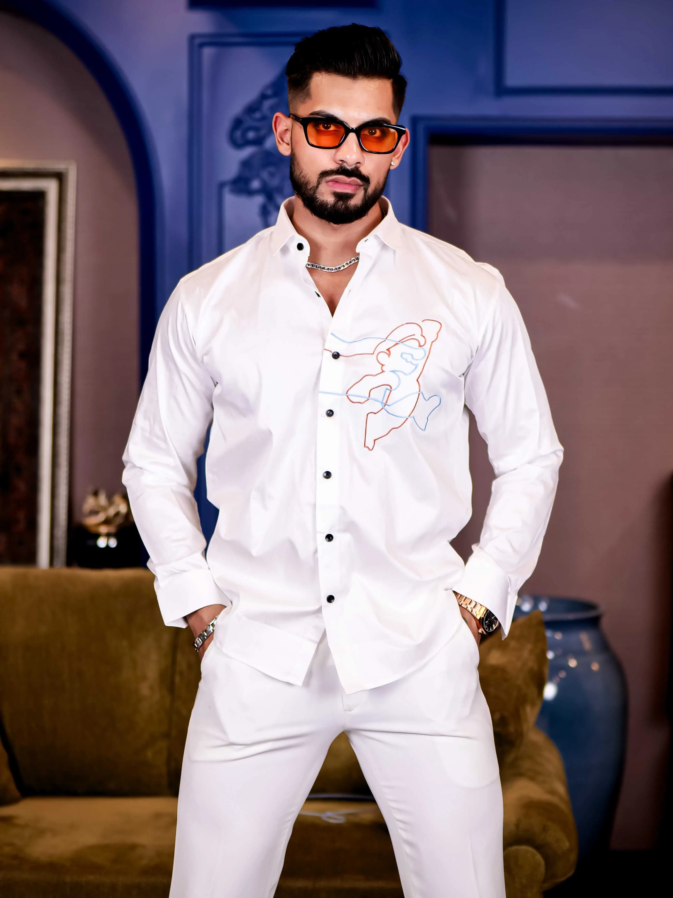 Cartoon White Embroidered Premium Cotton Shirt For Men