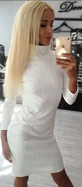 Casual High Neck Twist Long Sleeve Bodycon Short Dress