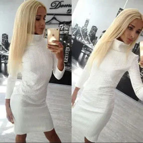 Casual High Neck Twist Long Sleeve Bodycon Short Dress