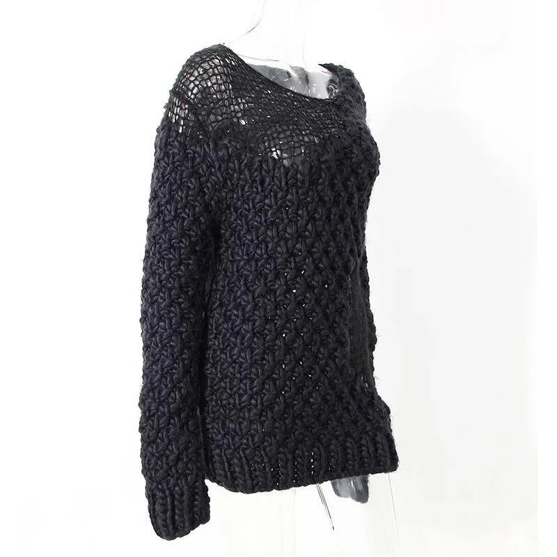 Casual Irregular Cut Out Women's Sweater Round Neck Long Sleeve Hollow Out Loose Knitwear Top Female Fashion