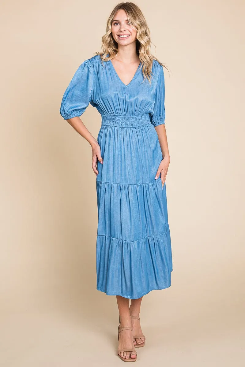 Chambray Tiered V Neck Smocked Waist Midi Dress