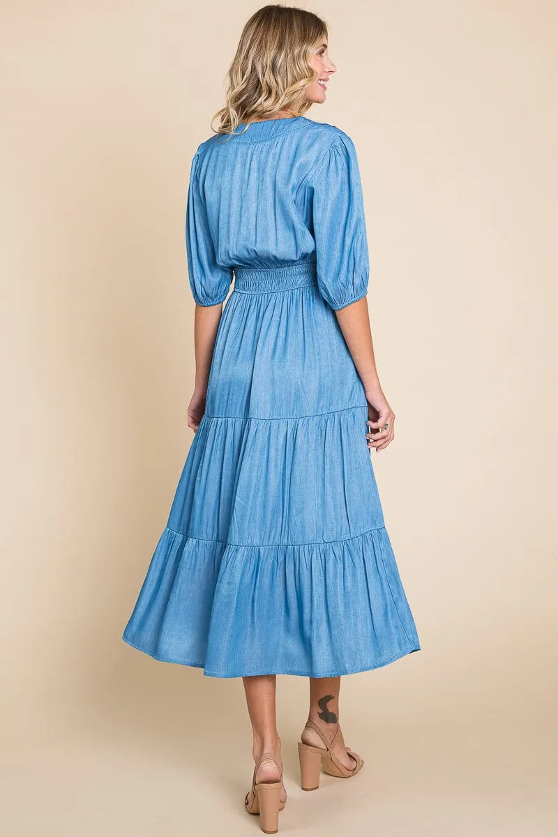 Chambray Tiered V Neck Smocked Waist Midi Dress