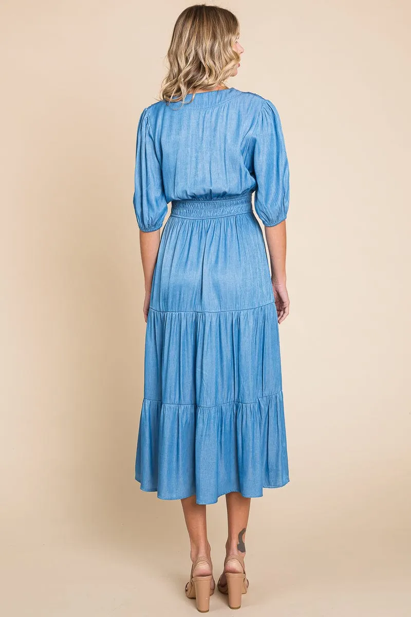 Chambray Tiered V Neck Smocked Waist Midi Dress