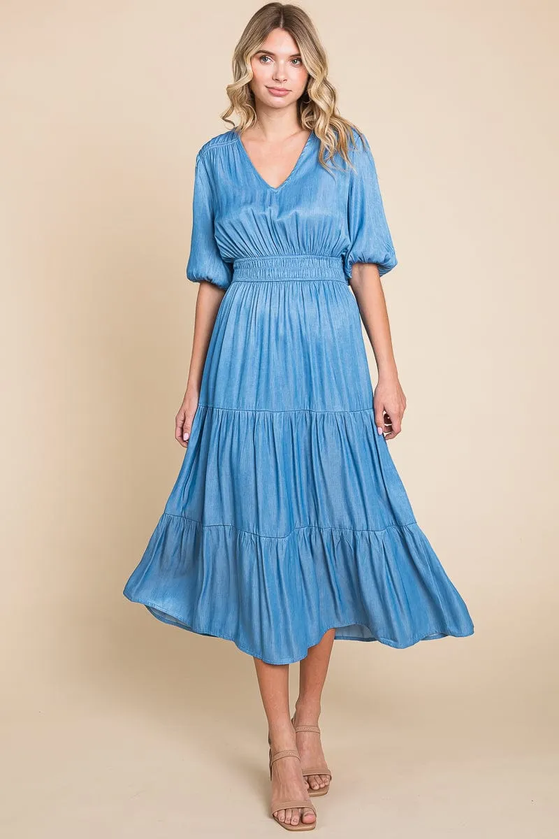 Chambray Tiered V Neck Smocked Waist Midi Dress