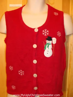 Cheap Red Funny Ugly Sweater Vest with Snowman and Snowflakes