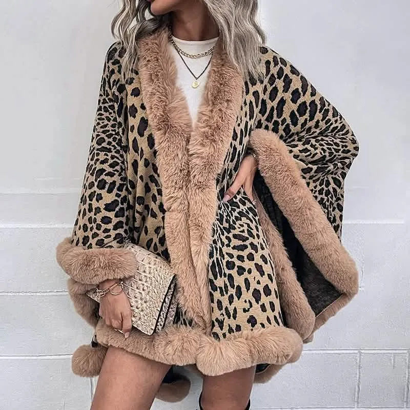 Chic Leopard Print Winter Cape Coat with Luxurious Fur Collar for Women