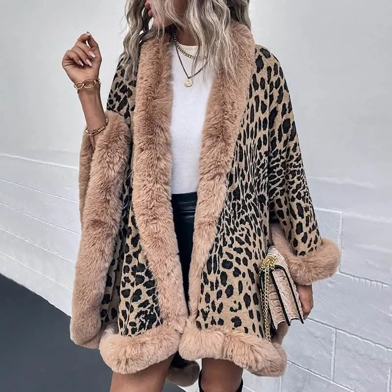 Chic Leopard Print Winter Cape Coat with Luxurious Fur Collar for Women