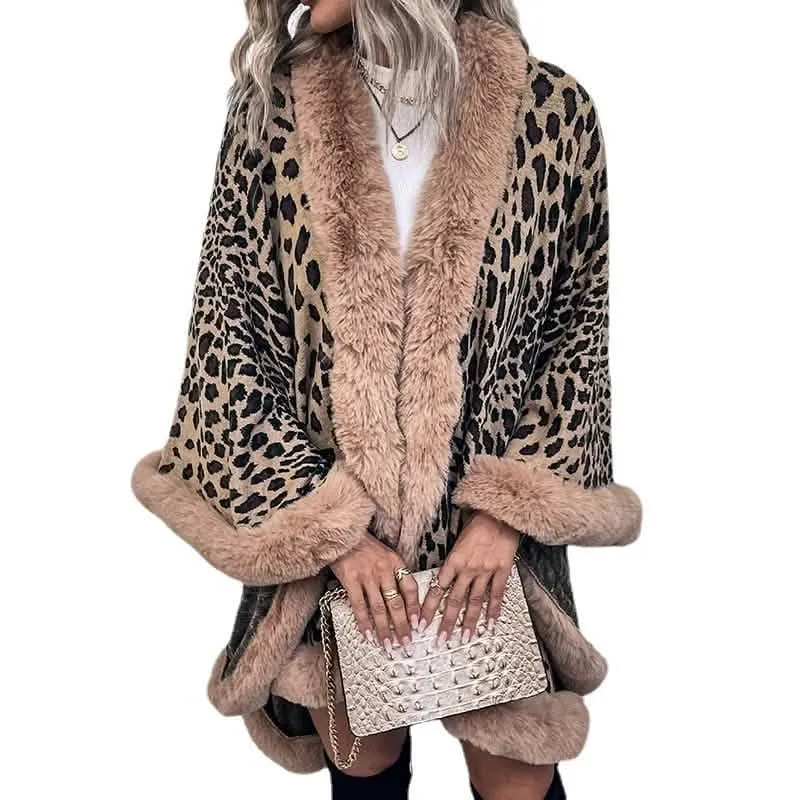 Chic Leopard Print Winter Cape Coat with Luxurious Fur Collar for Women