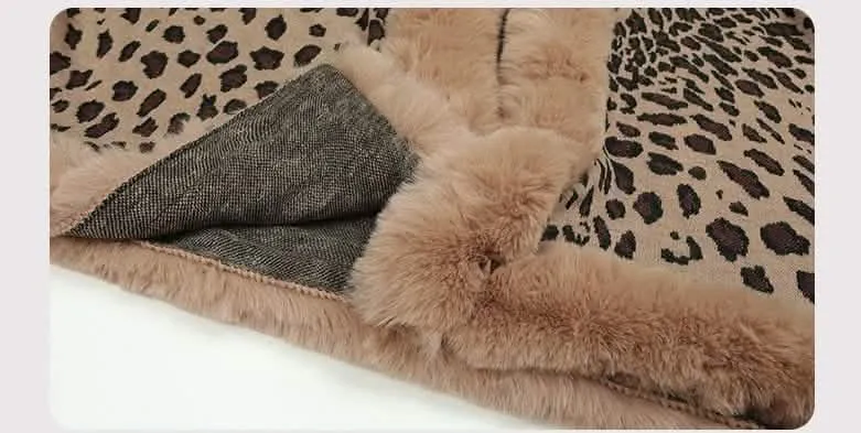 Chic Leopard Print Winter Cape Coat with Luxurious Fur Collar for Women