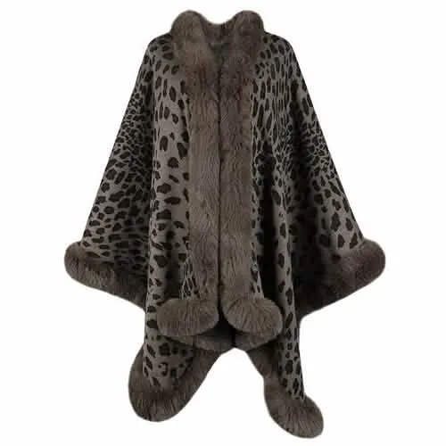 Chic Leopard Print Winter Cape Coat with Luxurious Fur Collar for Women