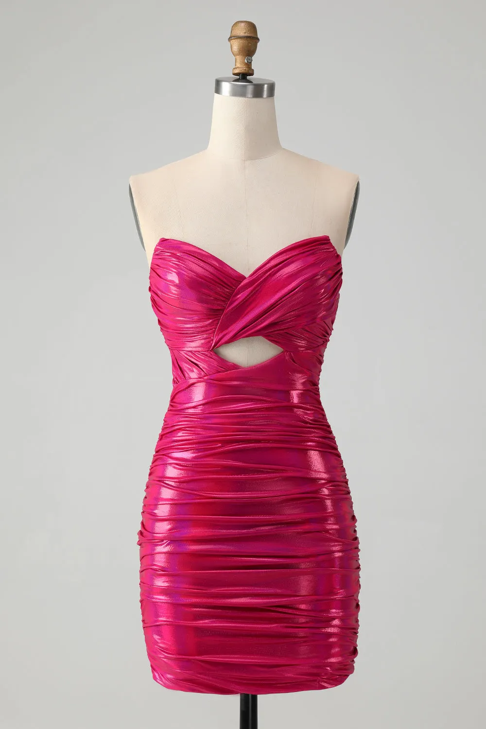 Chic Strapless Keyhole Pleated Fuchsia Tight Metallic Homecoming Dress