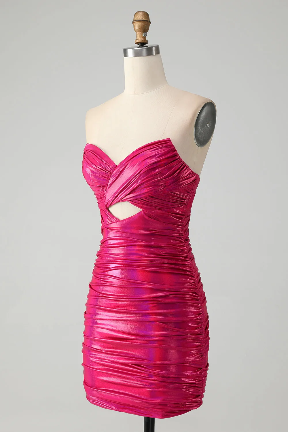 Chic Strapless Keyhole Pleated Fuchsia Tight Metallic Homecoming Dress