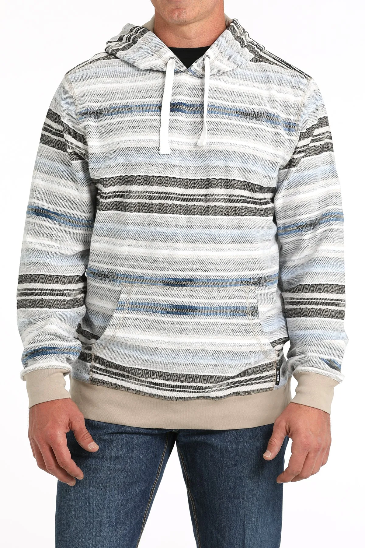 Cinch Men's Grey and Blue Striped Hoodie