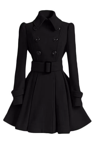 Clearance Flared Hem Turn-down Collar Slim Double Button Wool Coat With Belt on