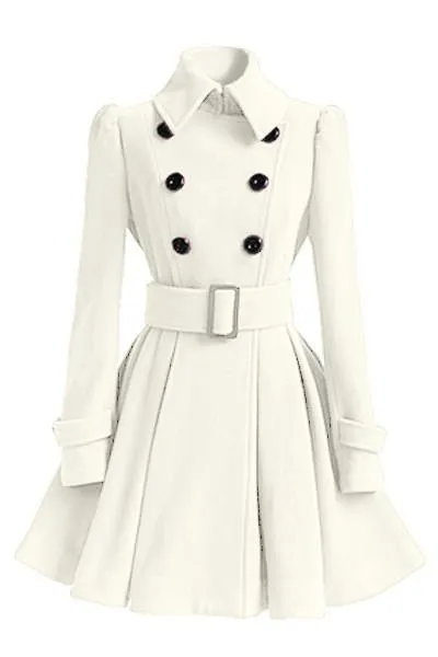 Clearance Flared Hem Turn-down Collar Slim Double Button Wool Coat With Belt on