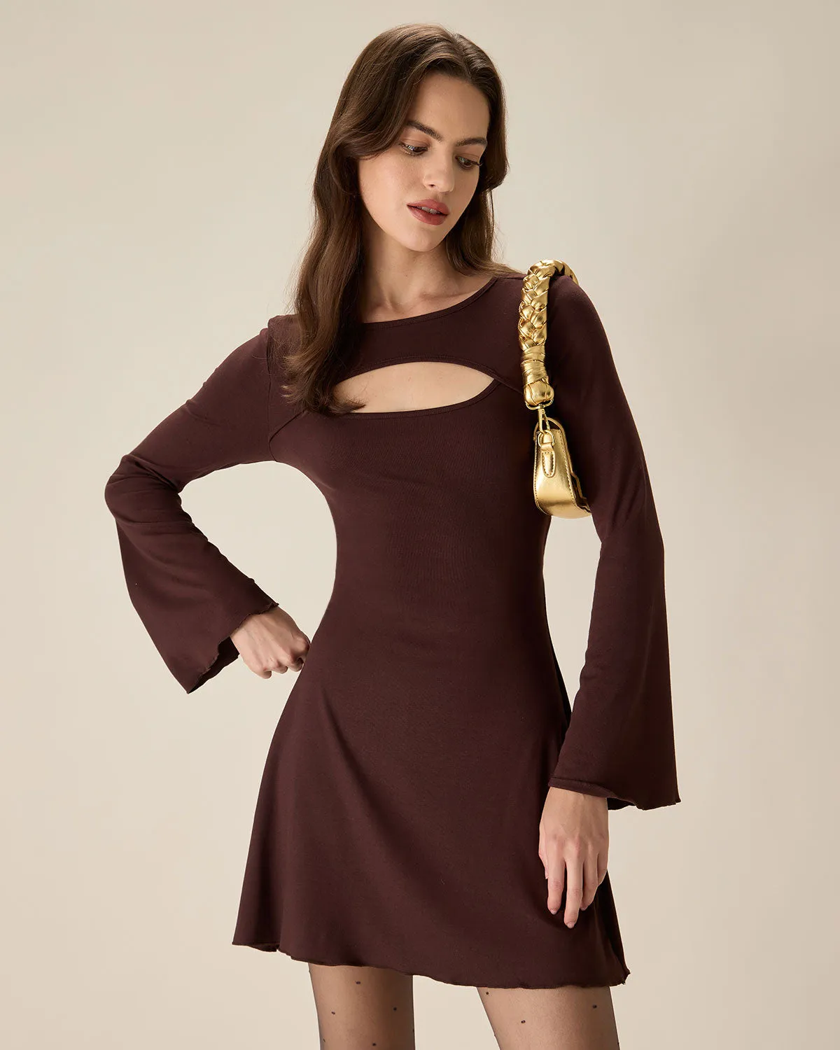 Coffee Boat Neck Cutout Sweater Dress