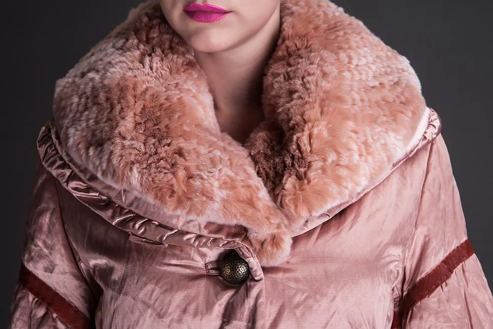 Color-Contrast Rabbit Fur Collar Jacket