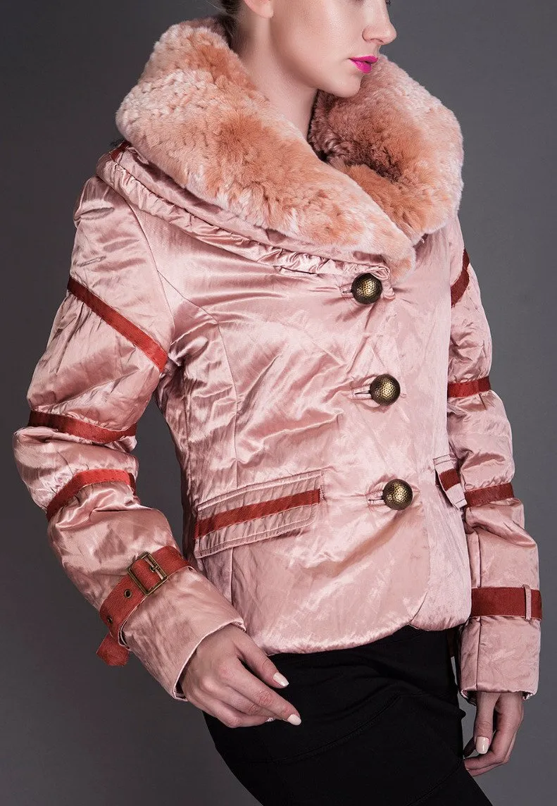 Color-Contrast Rabbit Fur Collar Jacket