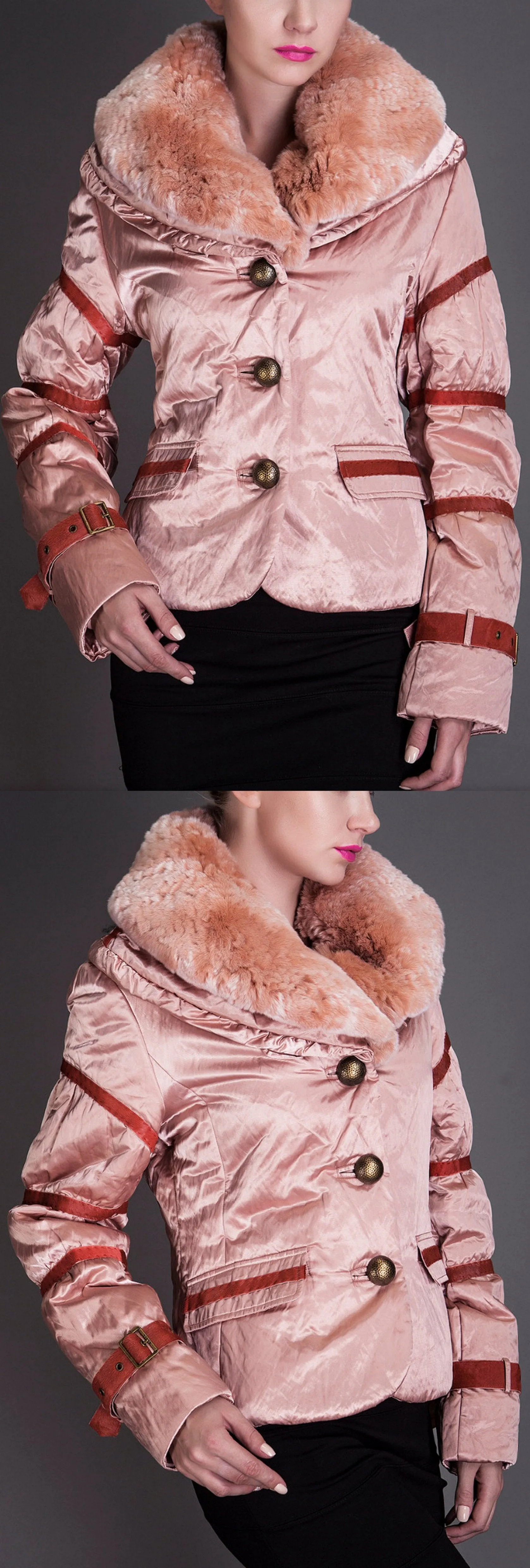 Color-Contrast Rabbit Fur Collar Jacket