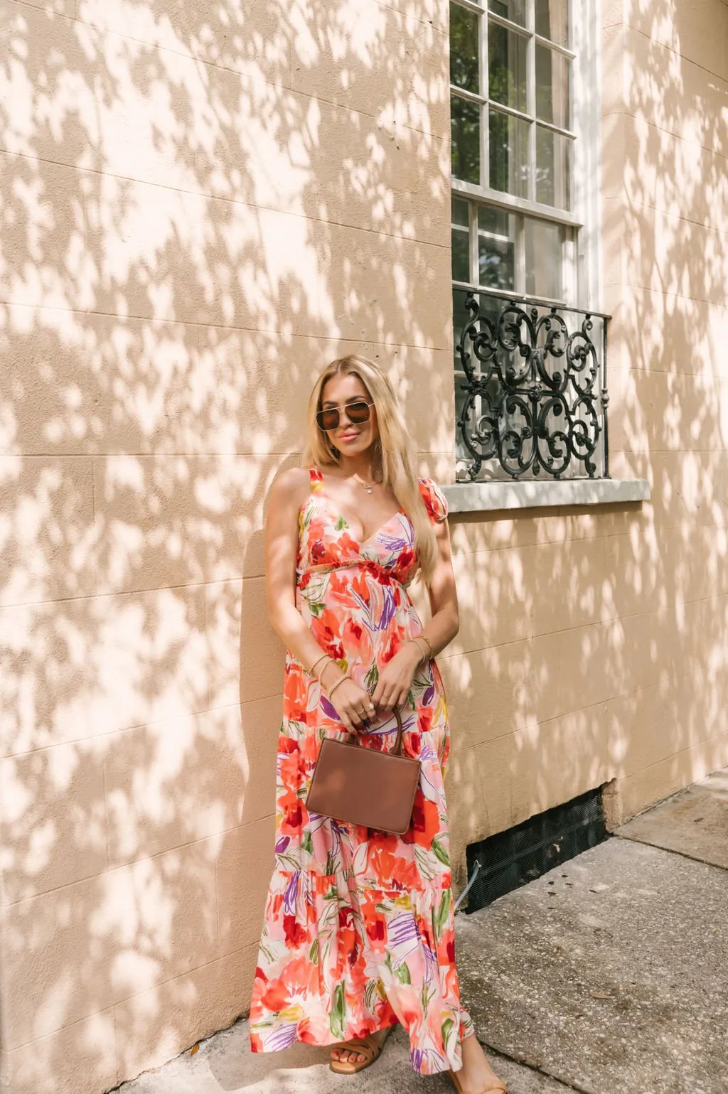 Coral Multi Print Shoulder Tie Maxi Dress - FINAL SALE