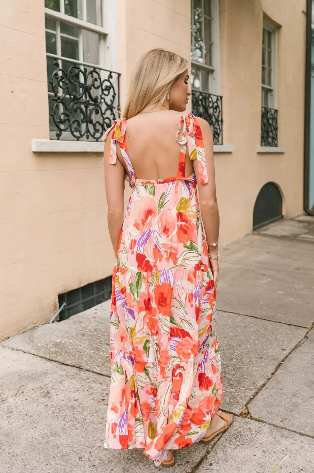 Coral Multi Print Shoulder Tie Maxi Dress - FINAL SALE