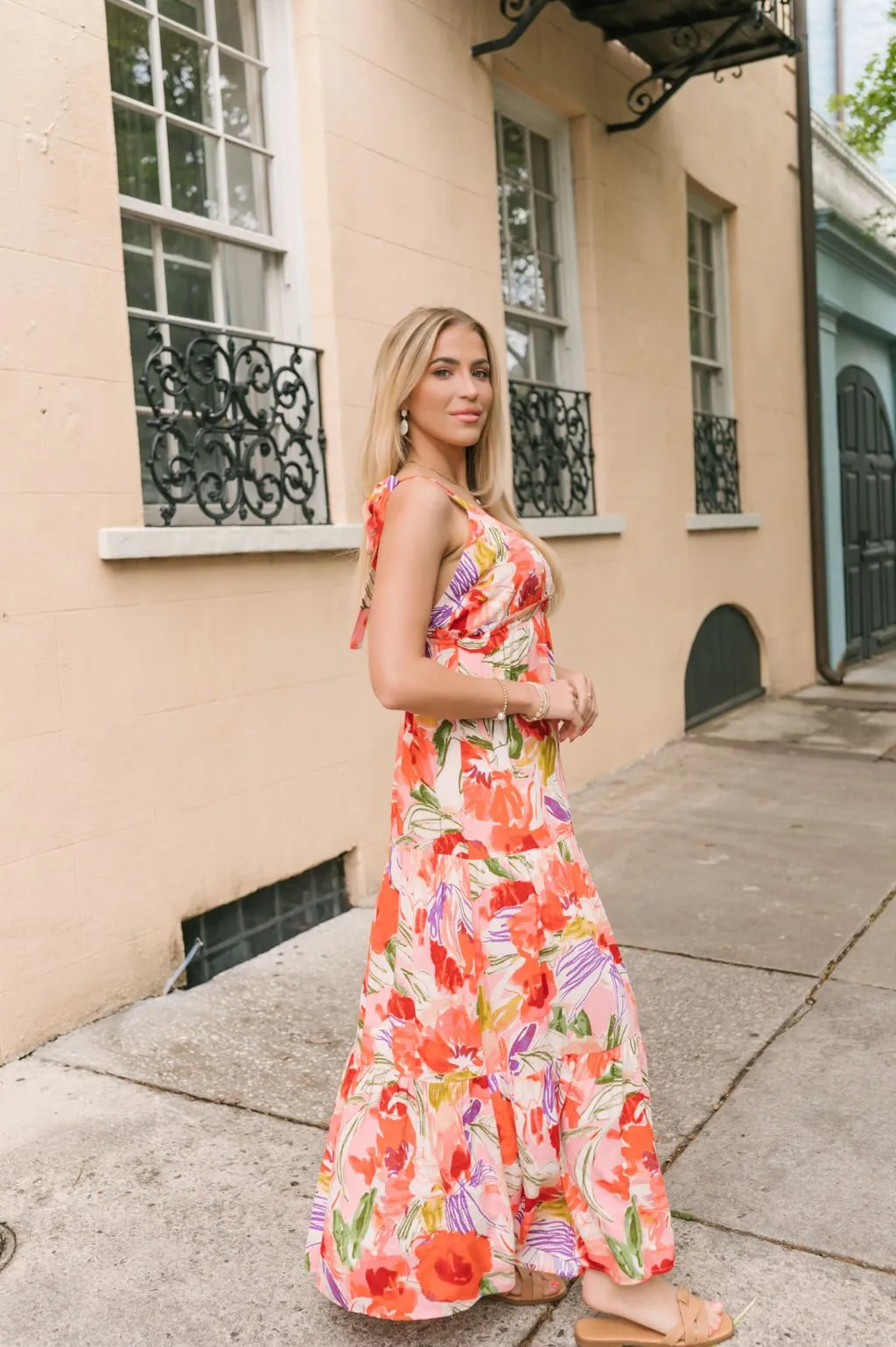 Coral Multi Print Shoulder Tie Maxi Dress - FINAL SALE