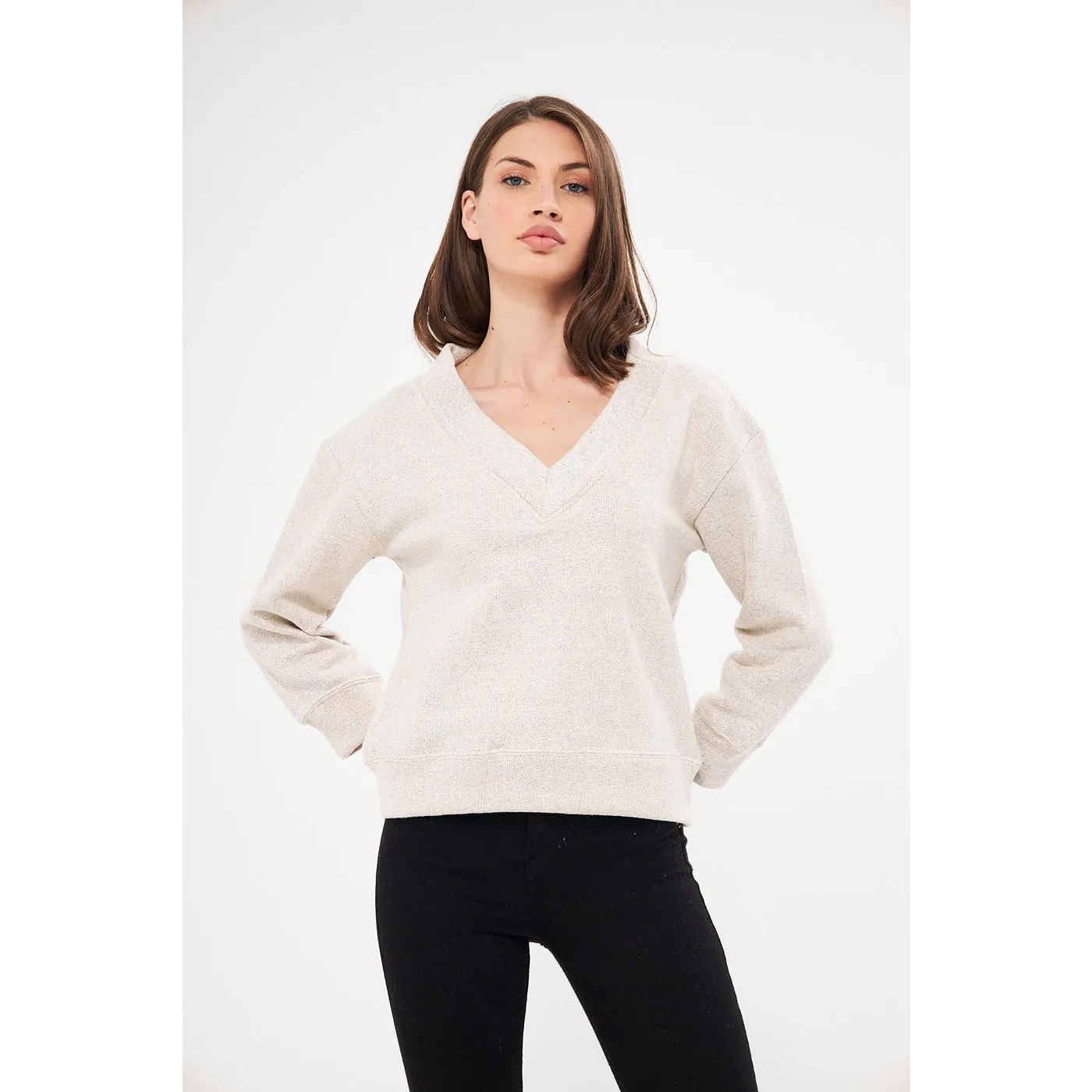 Cream V Neck Melange Sweatshirt