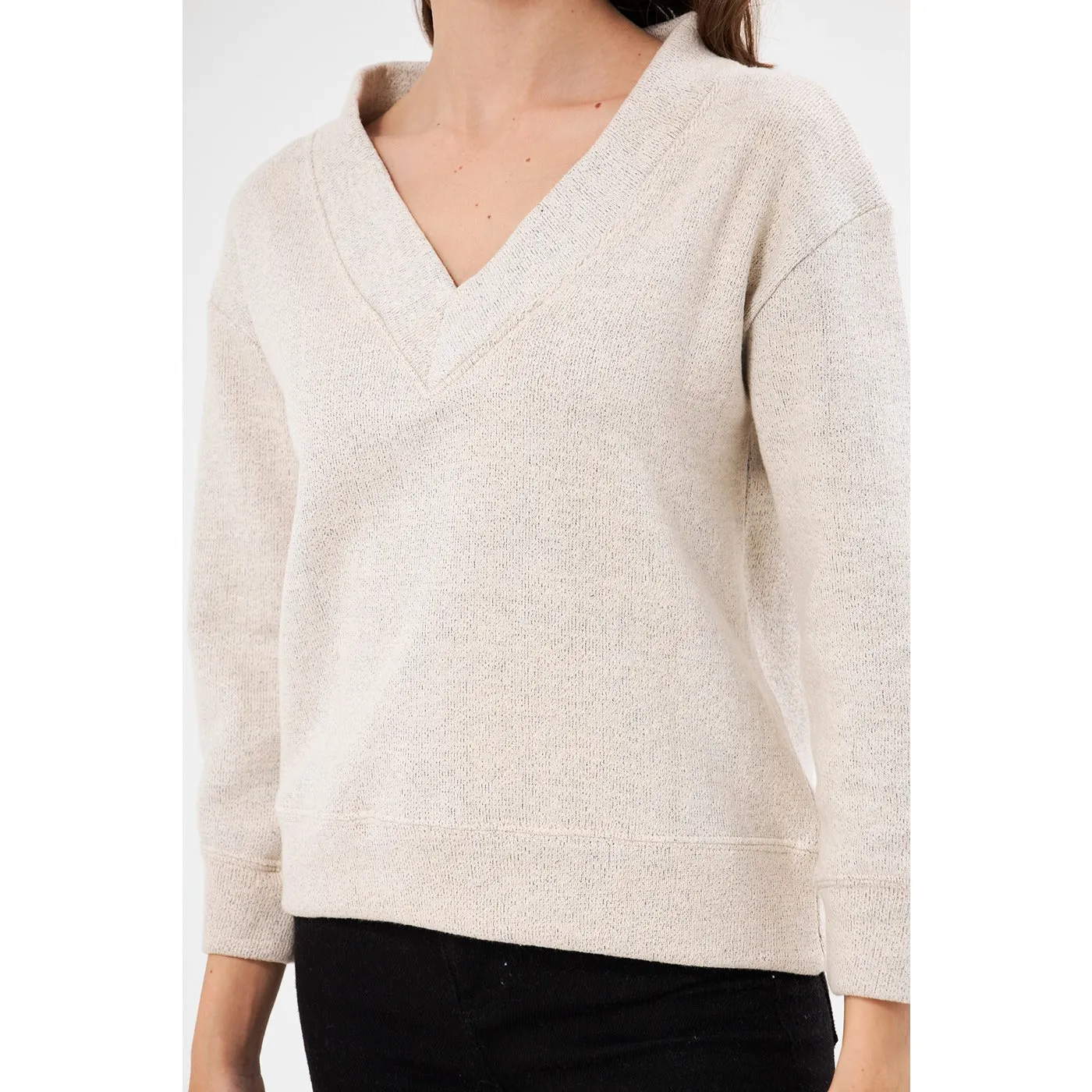 Cream V Neck Melange Sweatshirt