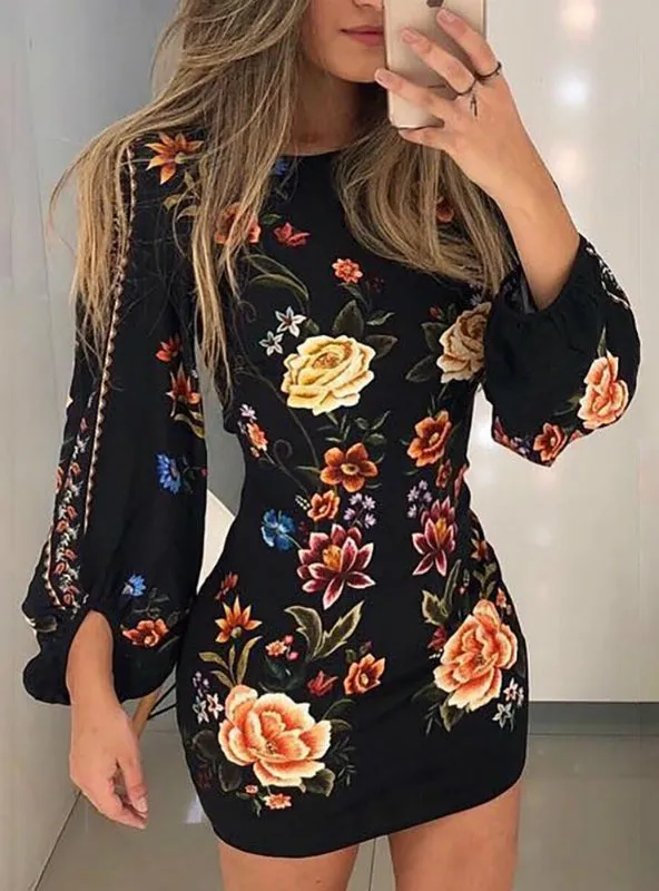 Cutout Back Bishop Sleeve Floral Bodycon Mini Dress