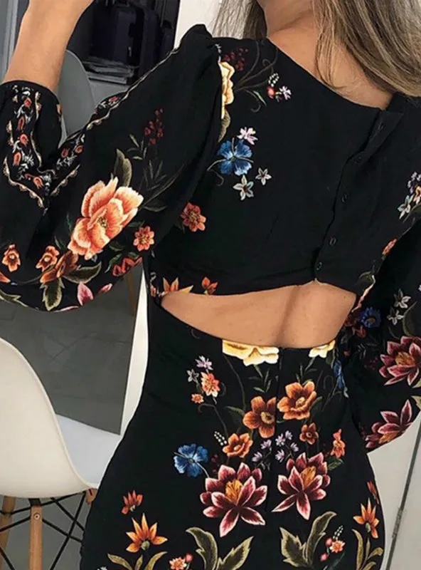 Cutout Back Bishop Sleeve Floral Bodycon Mini Dress