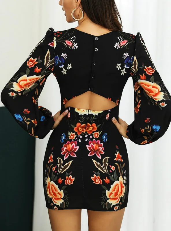 Cutout Back Bishop Sleeve Floral Bodycon Mini Dress