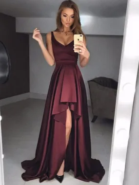 Dark Burgundy Soft Satin High Low Sleeveless Long Prom Dresses ,PD0152