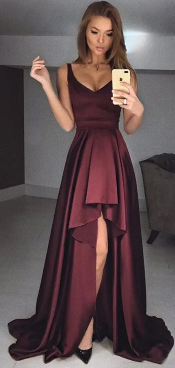 Dark Burgundy Soft Satin High Low Sleeveless Long Prom Dresses ,PD0152