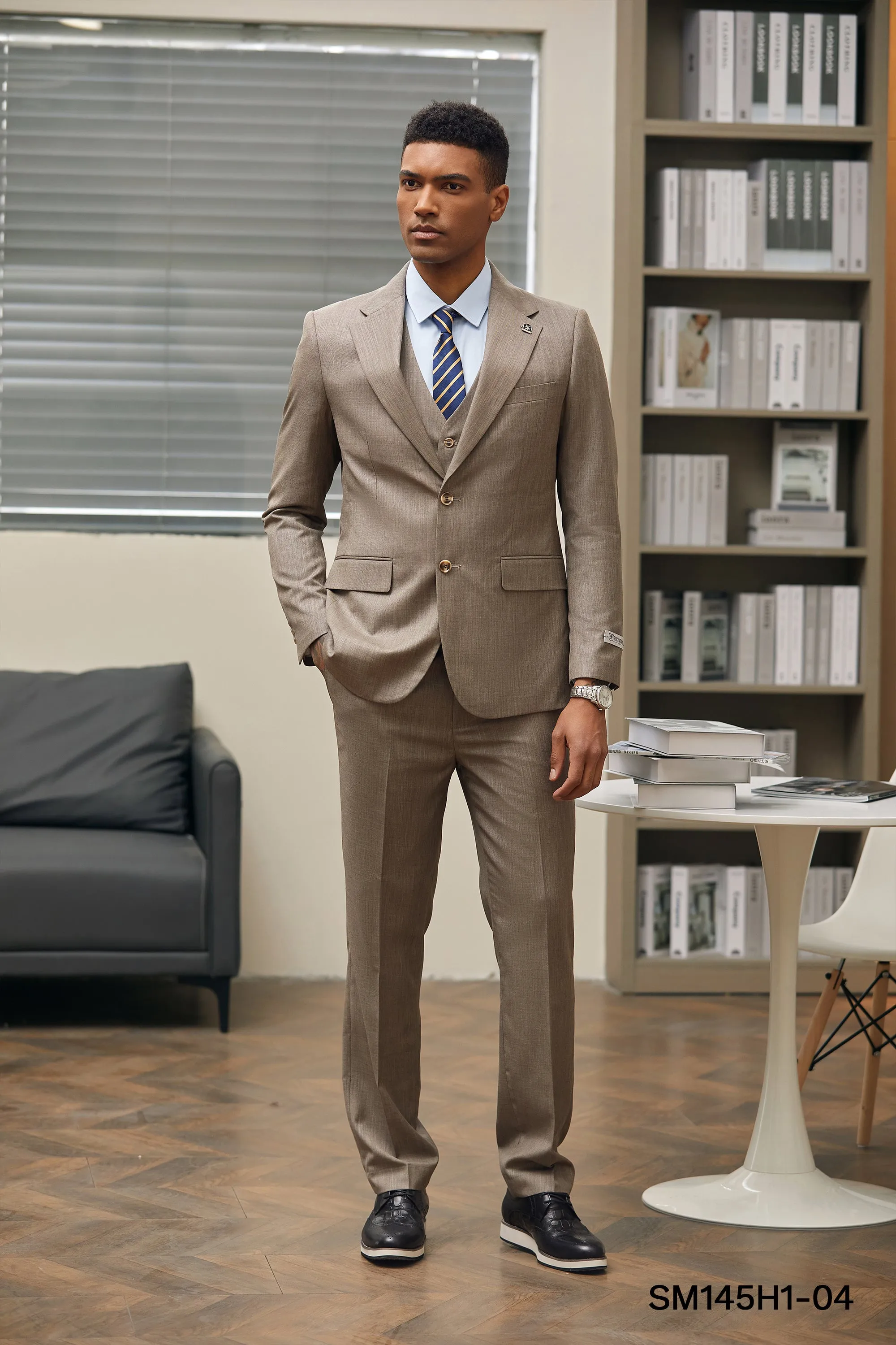 Dark Tan Solid Textured 3 PC Stacy Adams Suit