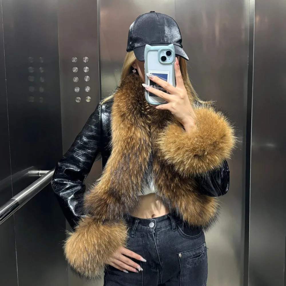 Designer Lambskin Fox Fur Leather Jacket