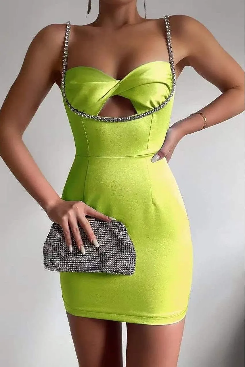 Diamond Studded Hollow Texture Bodycon Short Dress