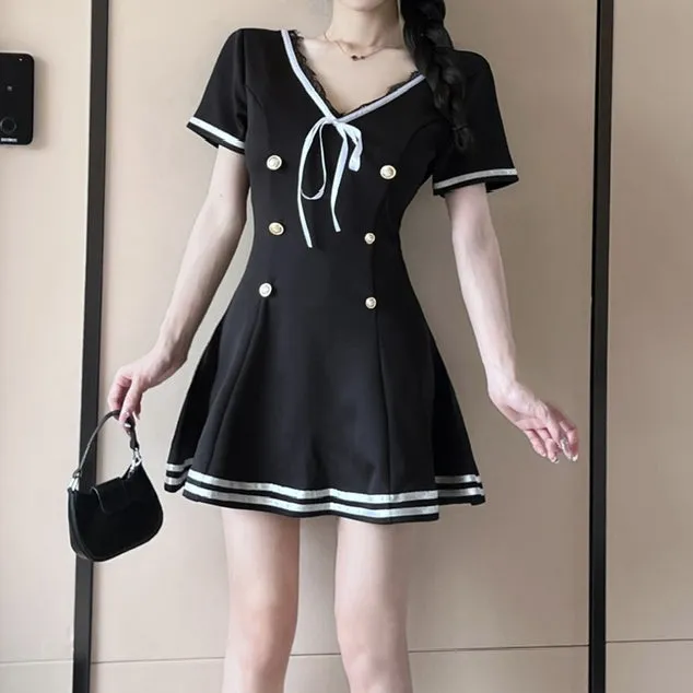 Double-Breasted Strappy Uniform Short-Sleeved Dress