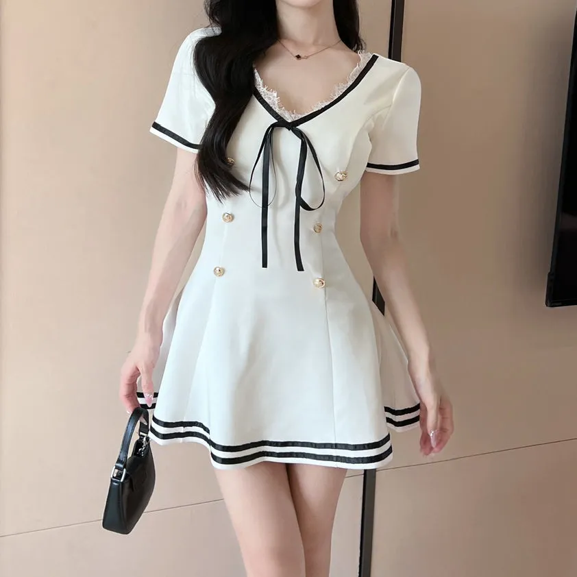 Double-Breasted Strappy Uniform Short-Sleeved Dress