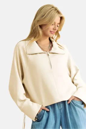 Drawstring Hem Half Zip Sweatshirt Ivory