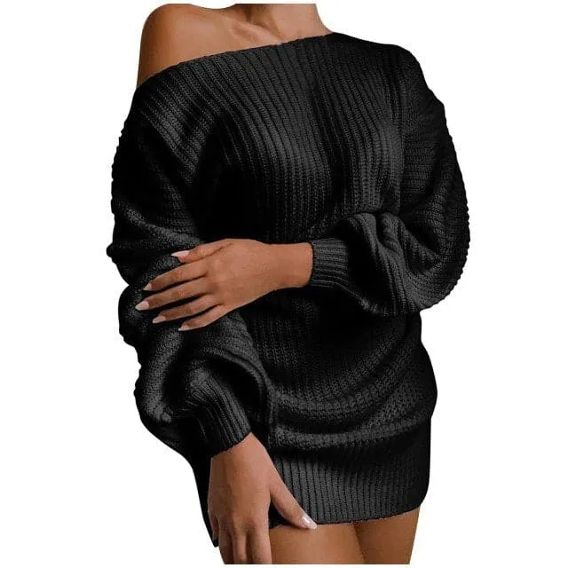 DressBetty - Women Sweaters And Pullovers Dress Casual Long-sleeved Pullover One Word Collar Solid Knitted Dress Jumper