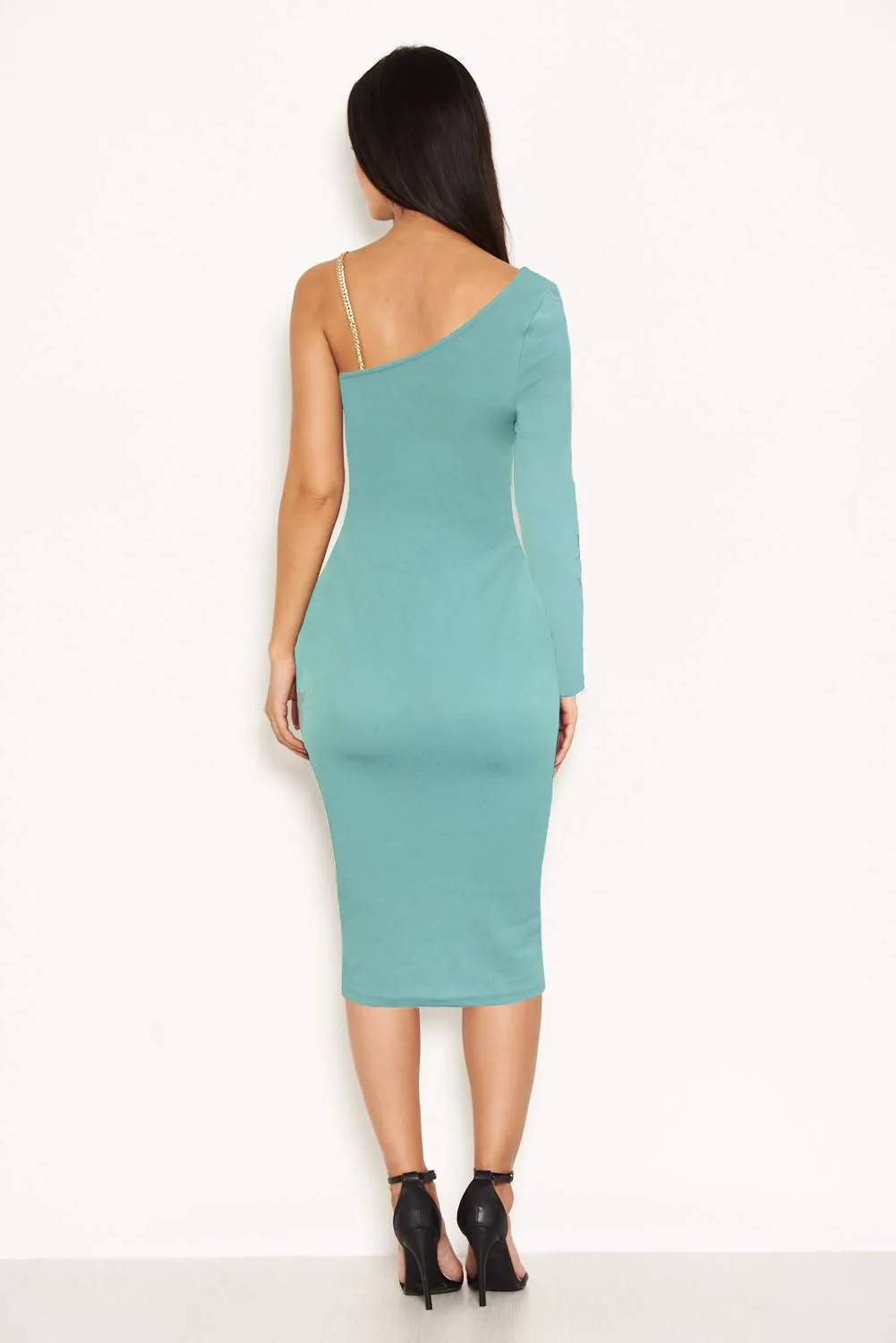 Duck Egg One Shoulder Dress With Gold Detail