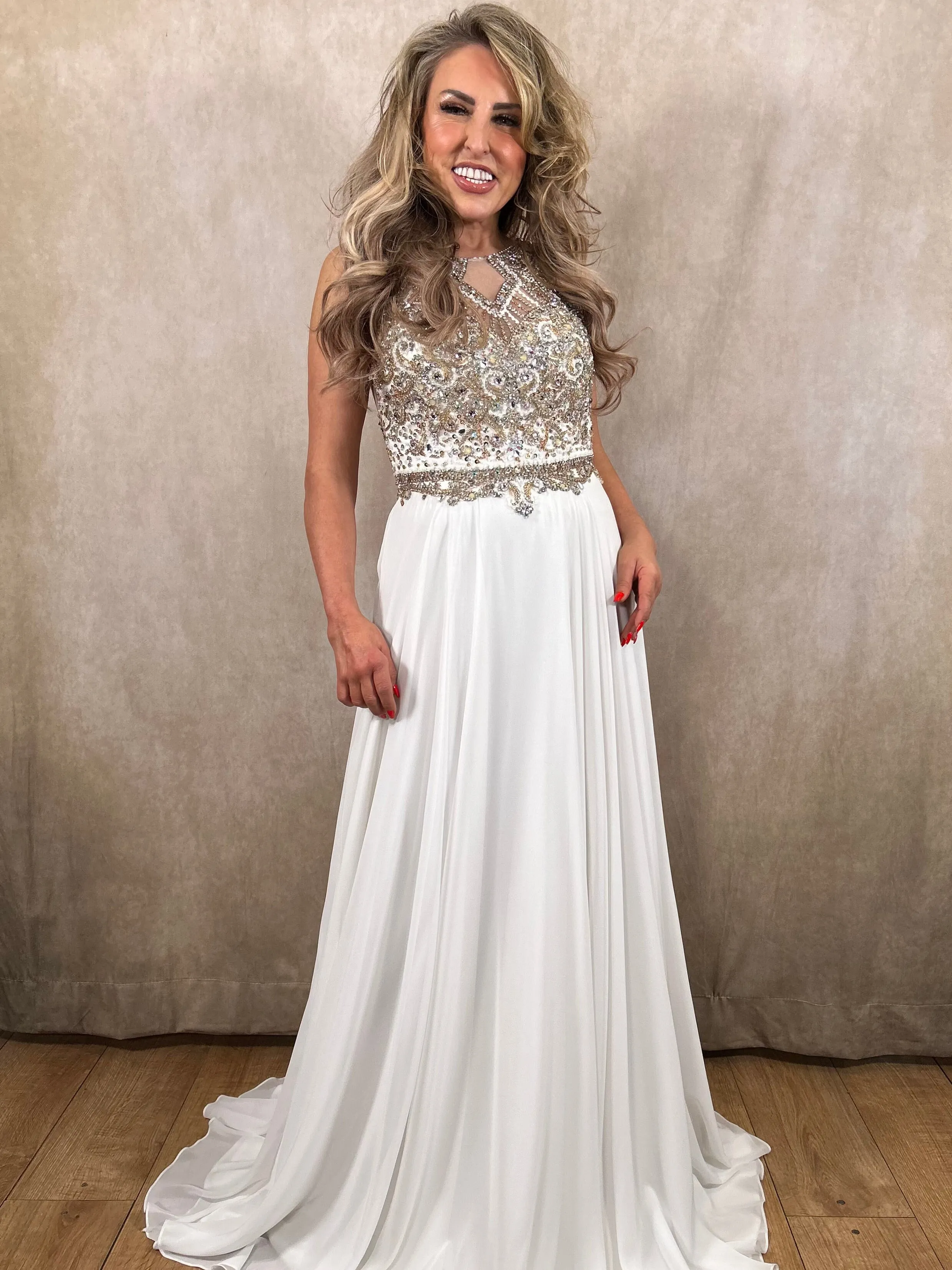 Dynasty White and Gold Beaded Full Skirt Dress