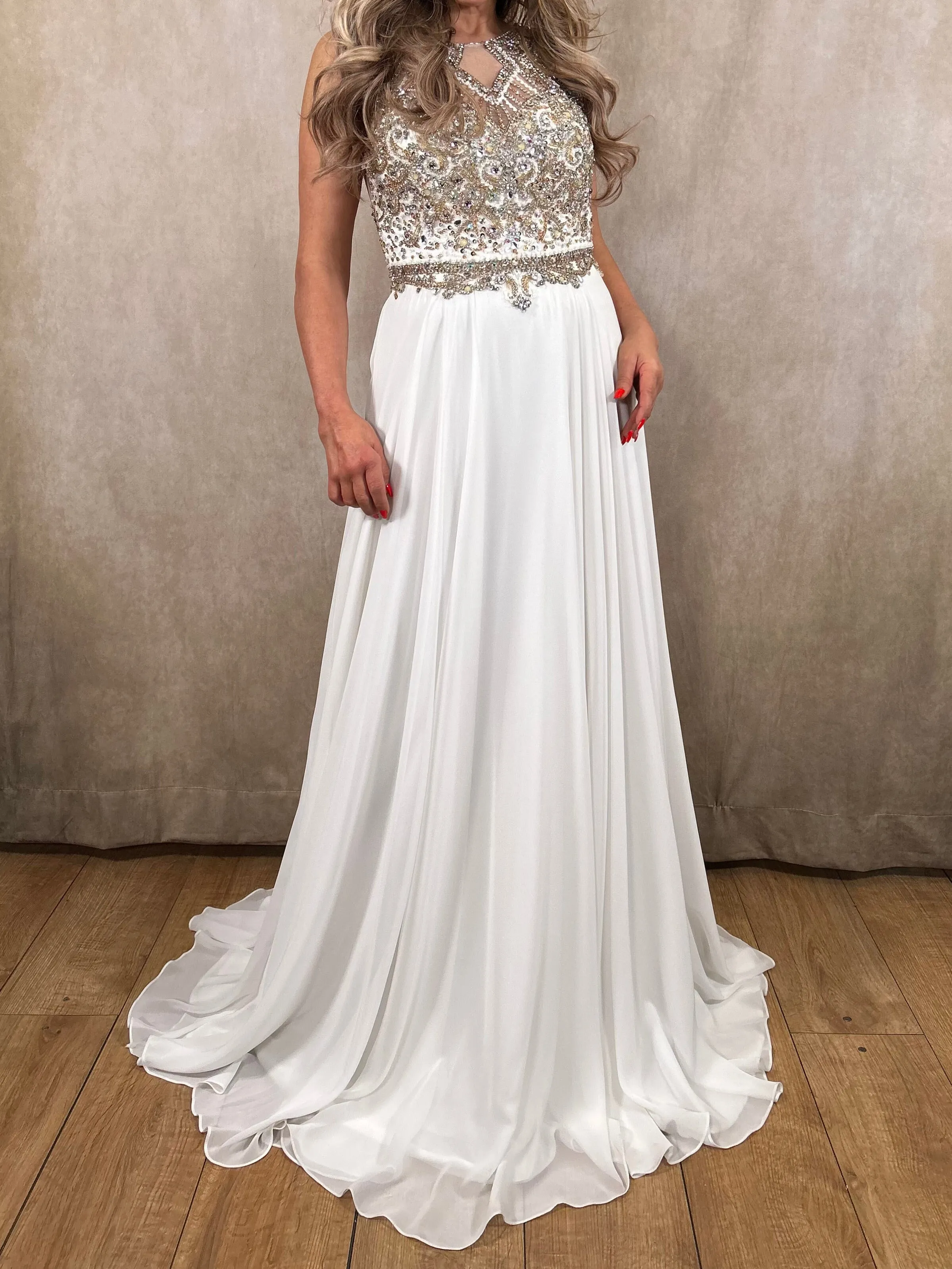 Dynasty White and Gold Beaded Full Skirt Dress