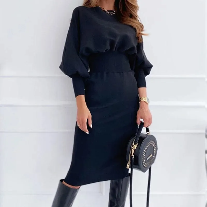 Elegant Office Lantern Sleeve O-Neck Bodycon Dress