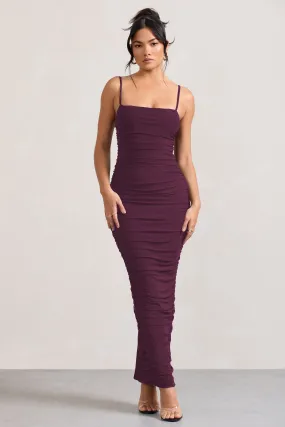 Ellis | Plum Ruched Mesh Strappy Bodycon Maxi Dress